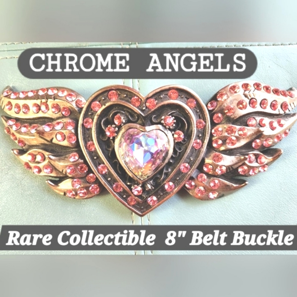 CHROME ANGELS Wings  Heart Mega 8" Silver Barbie Pink Rhinestones Belt Buckle